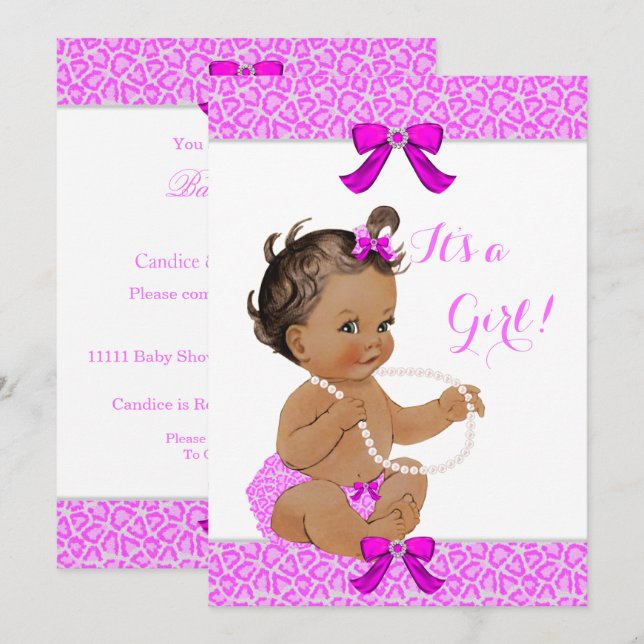 Convite Chuva de Bebê Menina Rosa Quente Leopardo Pérolas  (Frente/Verso)