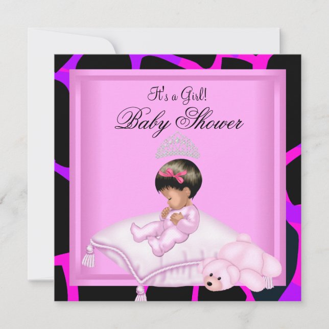 Convite Chuva de Bebê Menina Rosa Quente Roxo Preto (Frente)