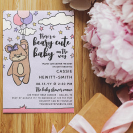 Convite Chuva de Bebê Menina Rosa Roxo Beary Fofo
