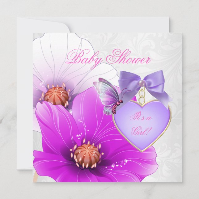 Convite Chuva de Bebê Menina Rosa Roxo Floral Borboleta (Frente)