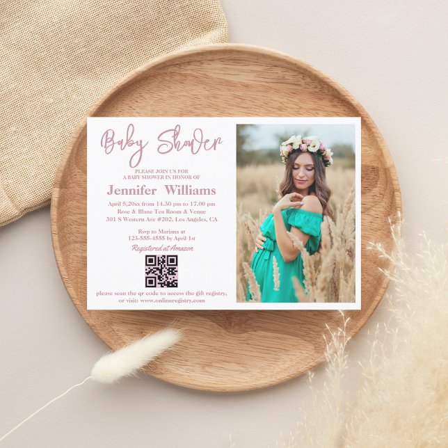 Convite chuva de bebê menina rosa script foto código qr si (Criador carregado)