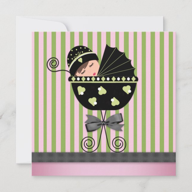 Convite Chuva de Bebê Menina Rosa Verde Elegante (Frente)