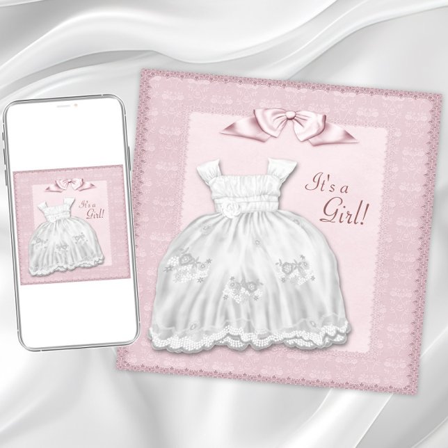 Convite Chuva de Bebê Menina Rosa Vestido Branco com Renda (Criador carregado)