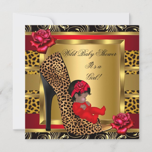 Convite Chuva de Bebê Menina Rosas Vermelhas Dourado Leopa (Frente)
