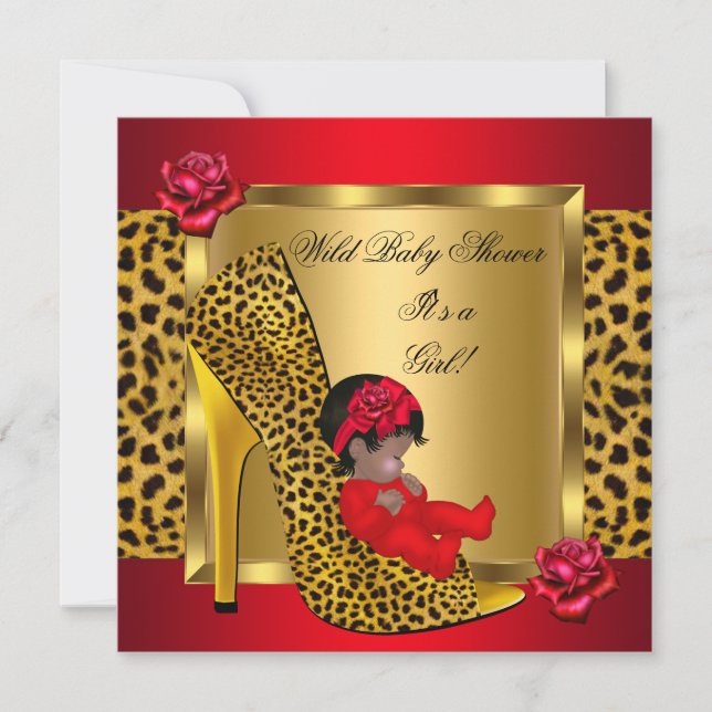 Convite Chuva de Bebê Menina Rosas Vermelhas Dourado Leopa (Frente)