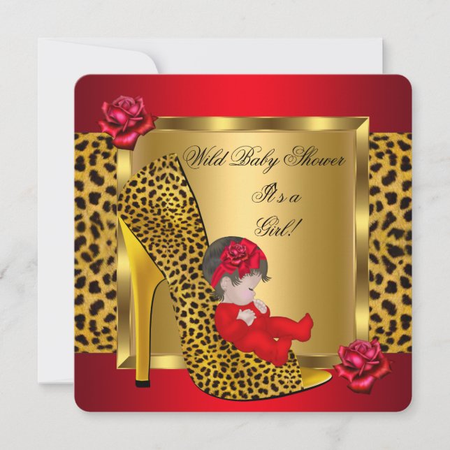 Convite Chuva de Bebê Menina Rosas Vermelhas Dourado Leopa (Frente)