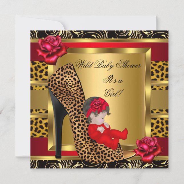 Convite Chuva de Bebê Menina Rosas Vermelhas Dourado Leopa (Frente)