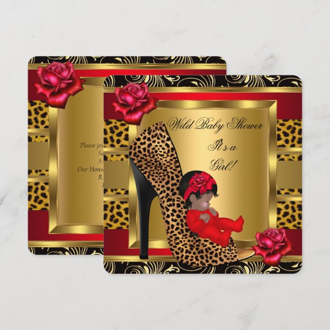 Convite Chuva de Bebê Menina Rosas Vermelhas Dourado Leopa (Frente/Verso)