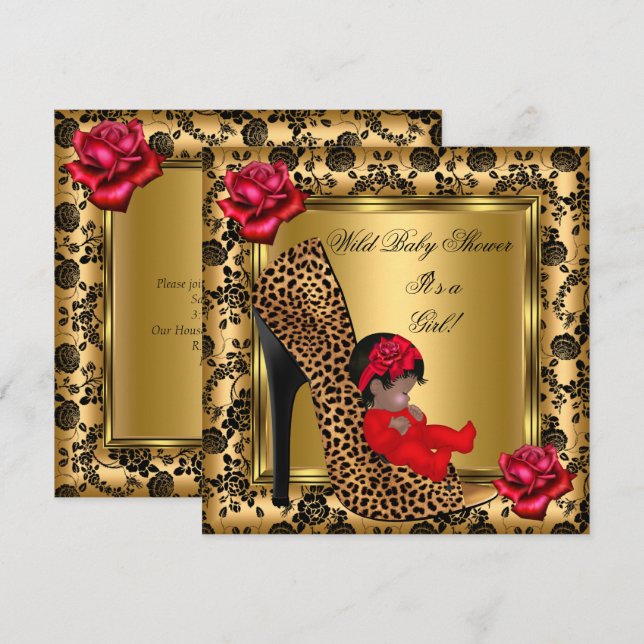 Convite Chuva de Bebê Menina Rosas Vermelhas Dourado Leopa (Frente/Verso)