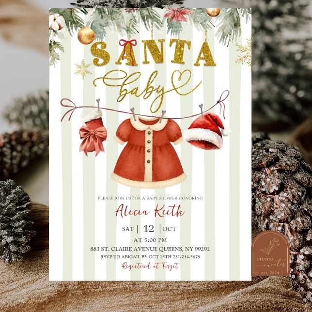 Convite Chuva de Bebê Menina Roupas de Papai Noel de Natal (Criador carregado)