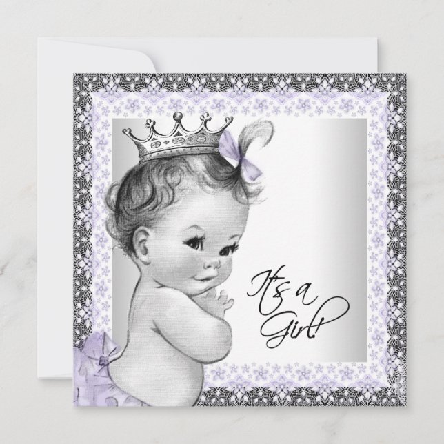 Convite Chuva de Bebê Menina Roxo Lavanda e Cinza (Frente)