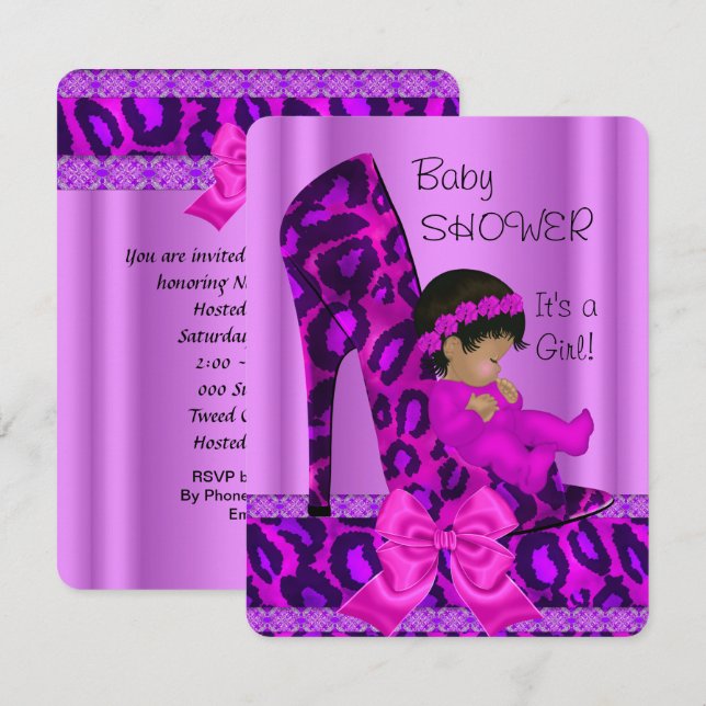 Convite Chuva de Bebê Menina Roxo Rosa Leopardo (Frente/Verso)