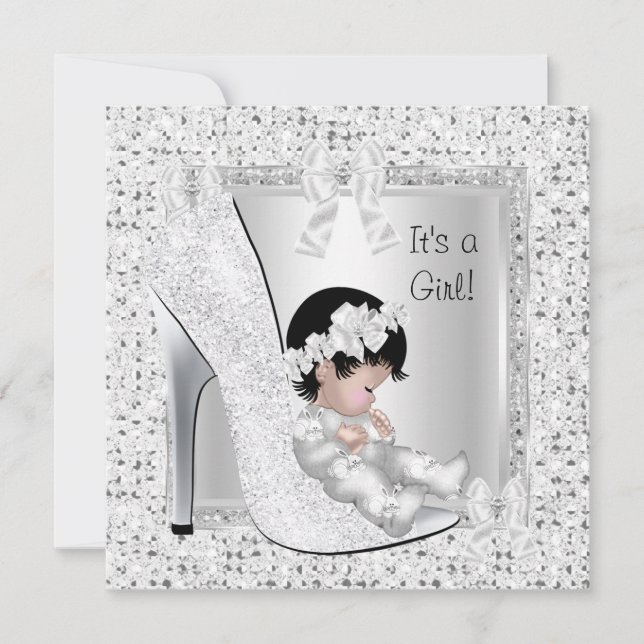 Convite Chuva de Bebê Menina Sapato Brilho Prata Branco (Frente)