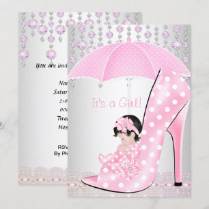 Convite Chuva de Bebê Menina Sapato de Bebê Rosa Diamante 