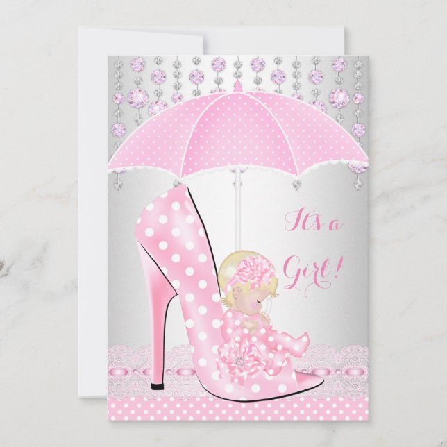 Convite Chuva de Bebê Menina Sapato de Bebê Rosa Diamante  (Frente)