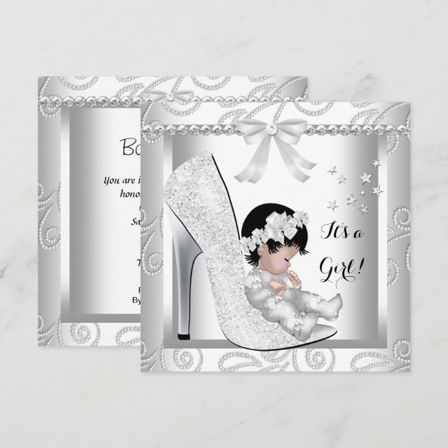 Convite Chuva de Bebê Menina Sapato Diamante Branco Cinza  (Frente/Verso)