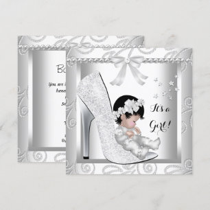 Convite Chuva de Bebê Menina Sapato Diamante Branco Cinza 