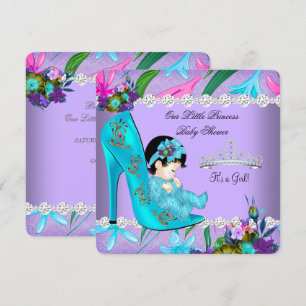 Convite Chuva de Bebê Menina Sapato Floral Roxo Azul Turqu