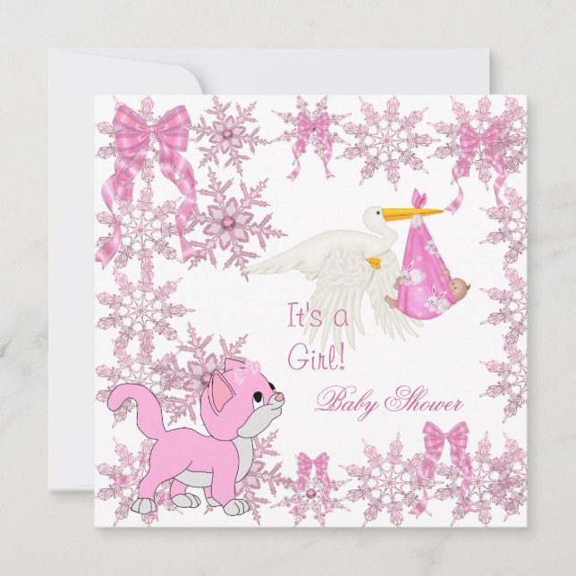 Convite Chuva de Bebê Menina Stork Gatinho Fofo (Frente)