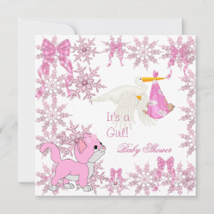 Convite Chuva de Bebê Menina Stork Gatinho Fofo