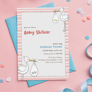 Convite Chuva de Bebê Menina Stork Rosa Listrado Préppy