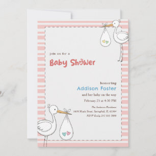 Convite Chuva de Bebê Menina Stork Rosa Listrado Préppy