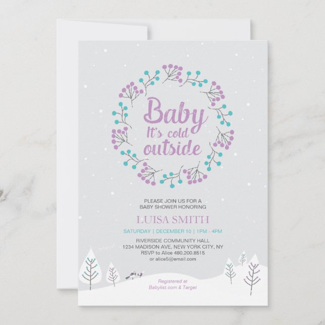 Convite Chuva de Bebê Menina Tema Natal, Roxo e Azul (Frente)