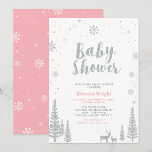 Convite Chuva de Bebê Menina Tema Natal Silver & Pink
