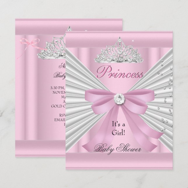 Convite Chuva de Bebê Menina Tiara Princesa Rosa Branco (Frente/Verso)