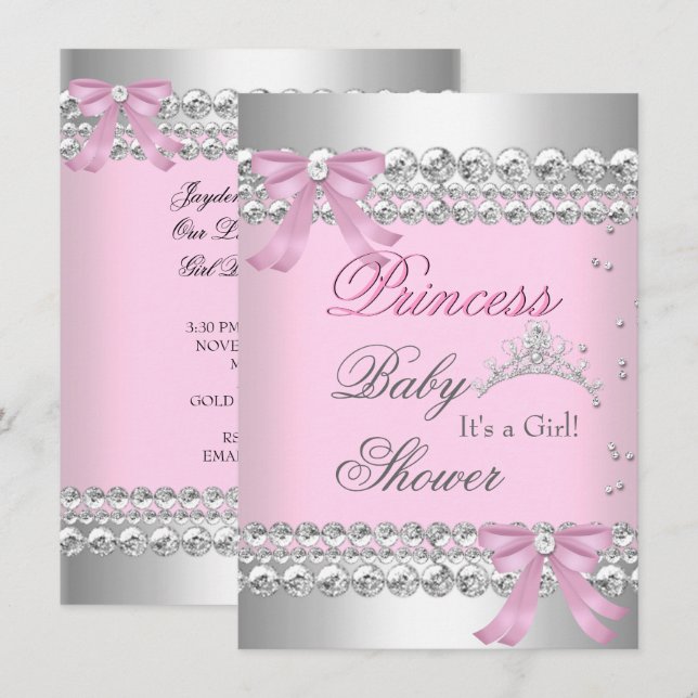 Convite Chuva de Bebê Menina Tiara Princesa Rosa Branco Ge (Frente/Verso)