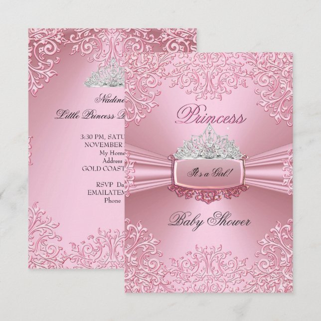 Convite Chuva de Bebê Menina Tiara Princesa Rosa lace SML (Frente/Verso)