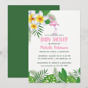 Convite Chuva de Bebê Menina Tropical Flamingo Rosa Aquare