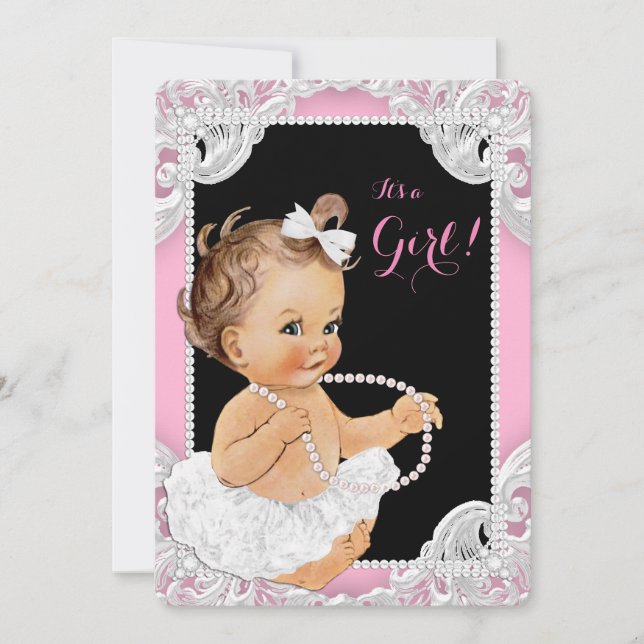Convite Chuva de Bebê Menina Tutu Branco Pérola Preta Rosa (Frente)