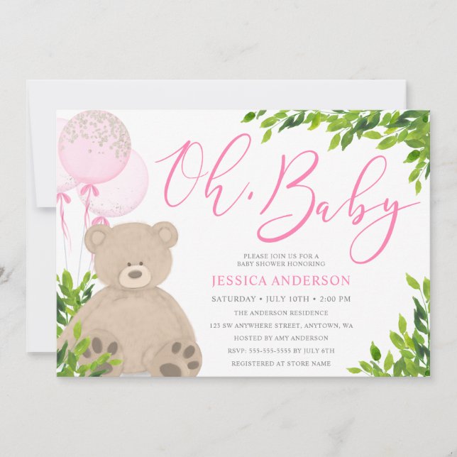 Convite Chuva de Bebê Menina Urso de Pelúcia Balão Rosa Fo (Frente)