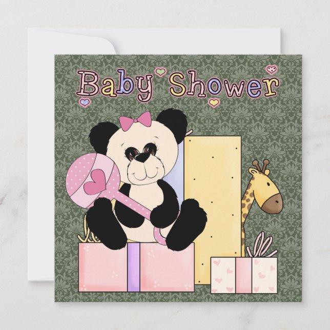 Convite Chuva de Bebê Menina Urso de Pelúcia Rosa Verde Da (Frente)