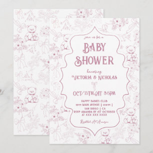 Convite Chuva de Bebê Menina Urso Laço Toile Rosa Empoeira
