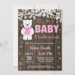 Convite Chuva de Bebê Menina Urso Polar Rústico de Inverno