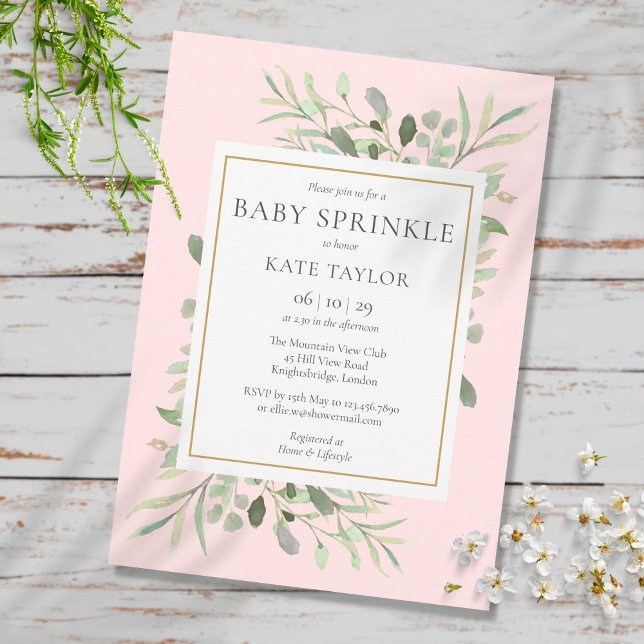 Convite Chuva de Bebê Menina Verde Água Rosa (Watercolor Greenery Pink Girl Baby Sprinkle Invitation)