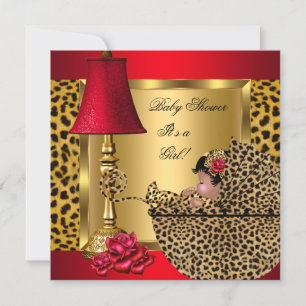 Convite Chuva de Bebê Menina Vermelho Dourado Rosas Leopar