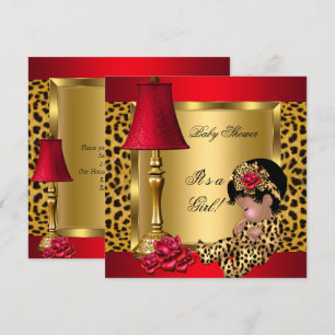 Convite Chuva de Bebê Menina Vermelho Dourado Rosas Leopar