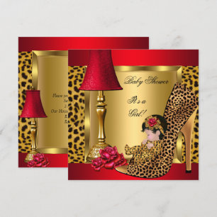 Convite Chuva de Bebê Menina Vermelho Dourado Rosas Leopar