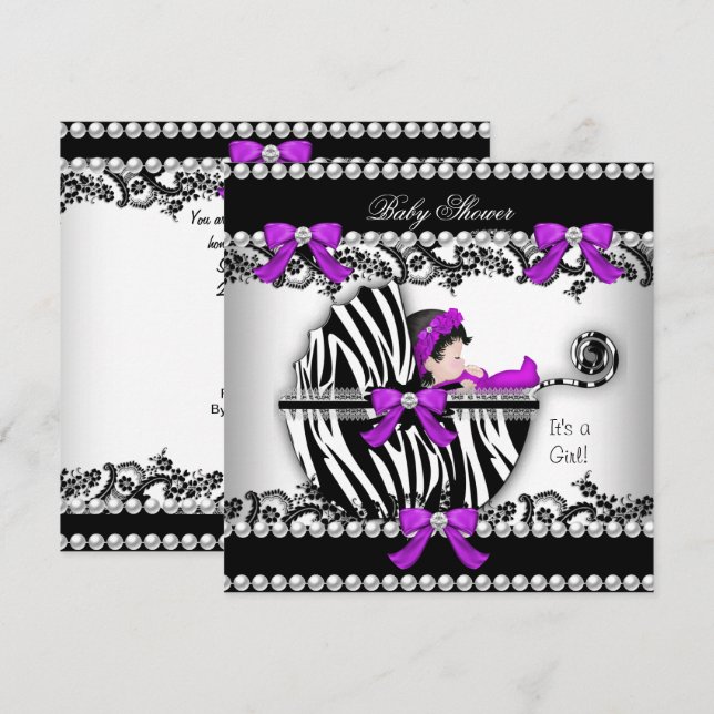 Convite Chuva de Bebê Menina Zebra Berço Pérola 3 (Frente/Verso)