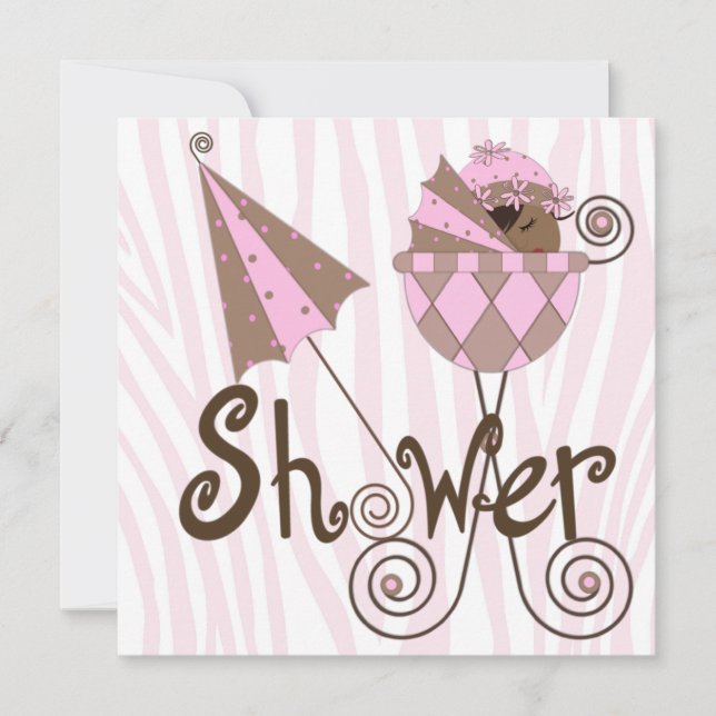 Convite Chuva de Bebê Menina Zebra Rosa Marrom (Frente)