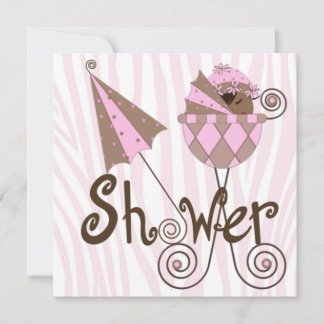 Convite Chuva de Bebê Menina Zebra Rosa Marrom