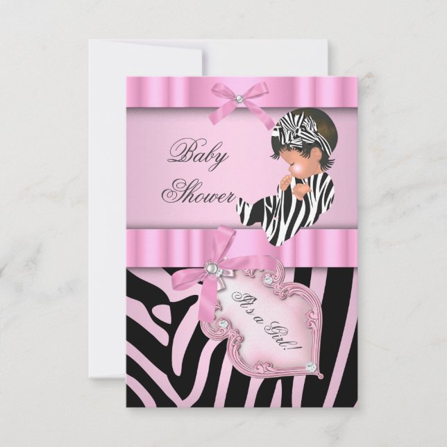 Convite Chuva de Bebê Menina Zebra Rosa preto (Frente)