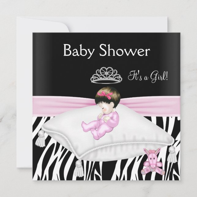 Convite Chuva de Bebê Menina Zebra Rosa Preto Branco Princ (Frente)