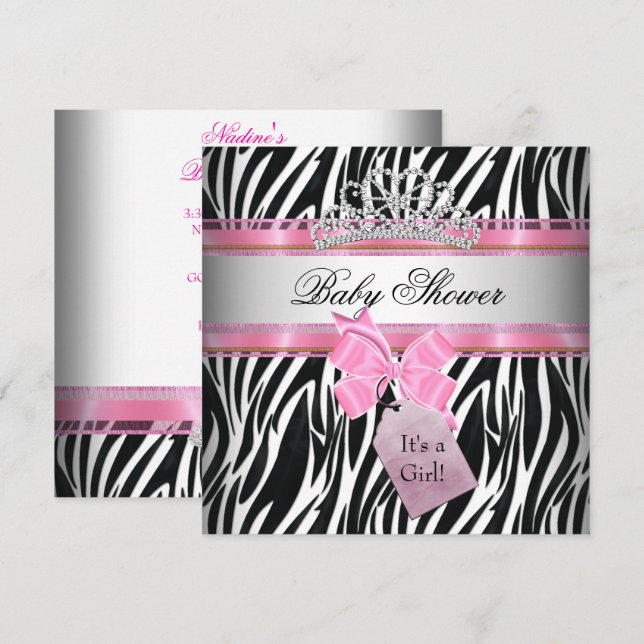Convite Chuva de Bebê Menina Zebra Rosa Princesa Preta (Frente/Verso)