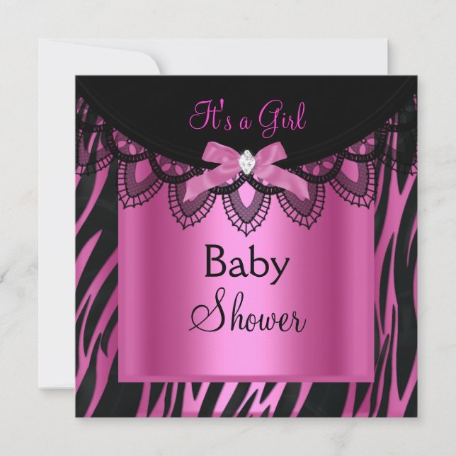 Convite Chuva de Bebê Menina Zebra Rosa Quente Preto (Frente)