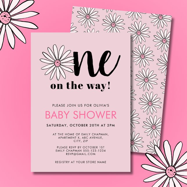 Convite Chuva de Bebê Meninas Bebê Daisy Floral (Modern pink girls baby shower invitations. Floral daisy One on the way design.)