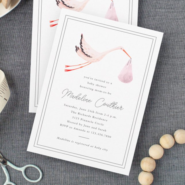 Convite Chuva de Bebê Meninas Cegonha Desenhada à Mão Eleg (Elegant hand painted pink stork girls baby shower.)
